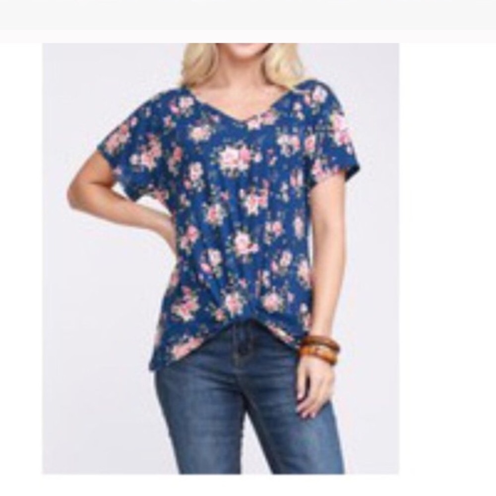 Plus Size V-Neck Floral Knot Front Top